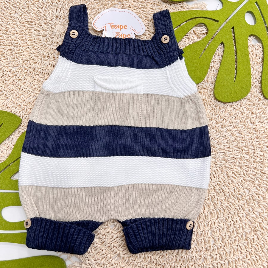   Jardineira Curta Bolso e Listra Grossa Verde Marinho, Branco e Bege